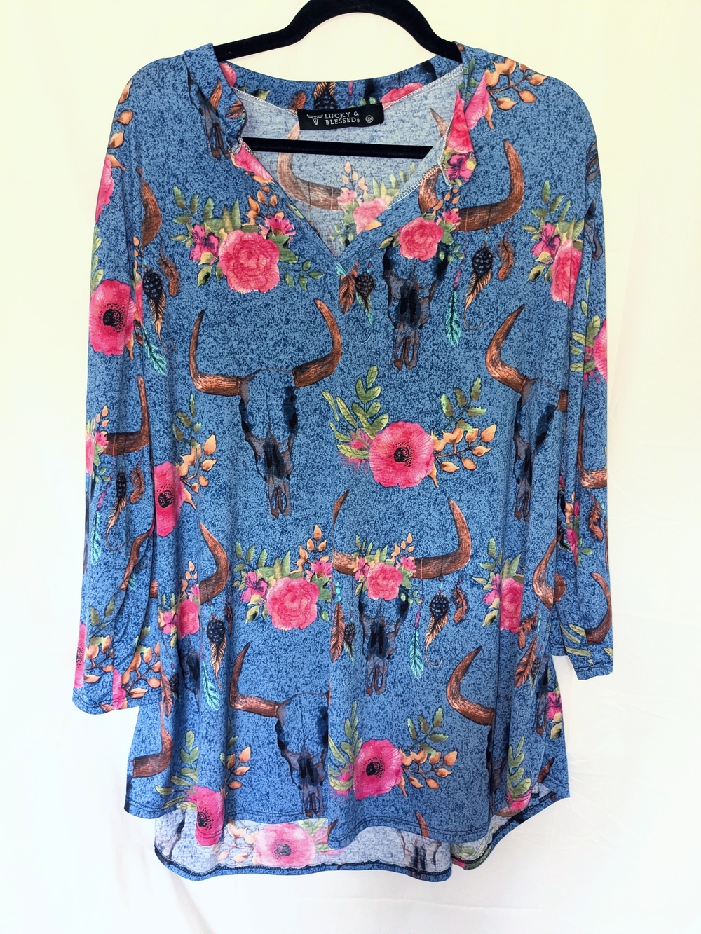 Lucky Brand Blue Floral Skull Print V-Neck Tunic